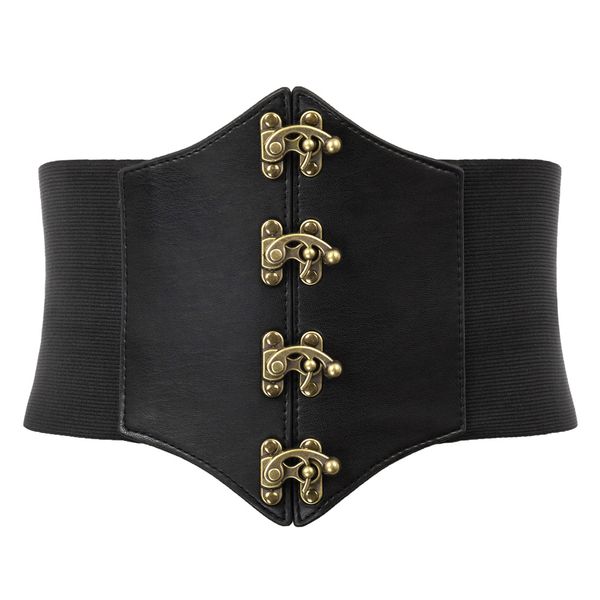 

black dress belt women ladies wide waist cincher waist band retro vintage insert buckle 19cm polyurethane leather elastic belt, Black;brown