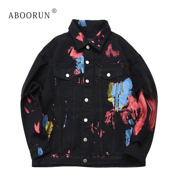

aboorun men's fashion denim jacket hip hop painted jean jacket spring autumn coat streetwear for male x2328, Black;brown