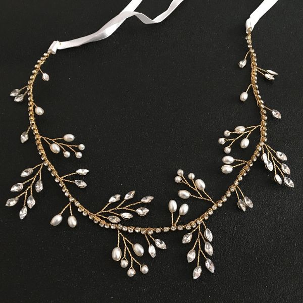 

gorgeous handmade gold crystal rhinestones pearls floral wedding headband accessories bridal hair vine women jewelry, Golden;white