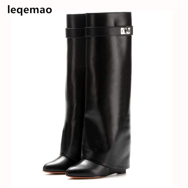 

silver metal lock knee high boots women pointed toe leather wedge increase height high heel shoes woman size35-42, Black