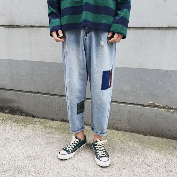 

spring new jeans men fashion retro hole patch casual denim pants man streetwear hip hop loose cowboy trousers male clothes, Blue