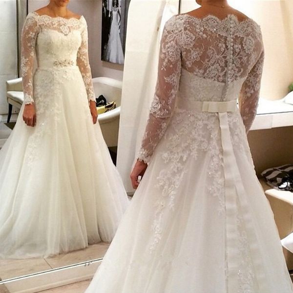 

2k19 vintage ivory long sleeve a line bridal gown plus size lace appliques covered button tulle wedding dress with crystal sash, White