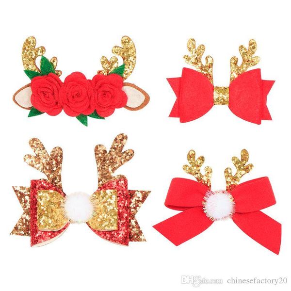 

christmas sequins barrettes glitter bow antlers bow hairpins fur ball floral pom pom bowknot hair clips xmas princess girls headwear, Slivery;white