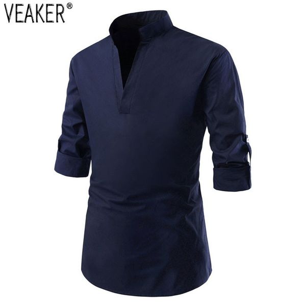 

2019 new men chinese vintage shirt men v -neck long sleeves effen color slim fit men's shirts  -2xl, White;black