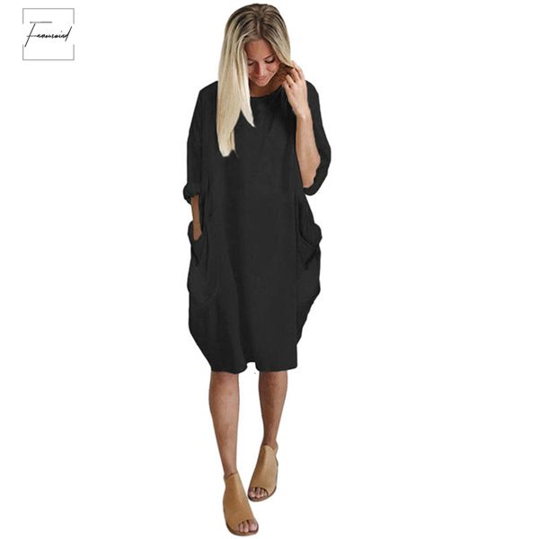 

dress autumn winter womens fashion pocket loose ladies solid crew neck casual long solid vestido plus size, Black;gray