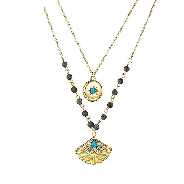 

2020 new fan shaped necklace round plate pendant double layers necklace fashion neck chain neck jewelry golden and green, Silver