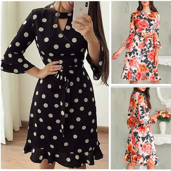 

womens vintage dresses fashion floral wave point print panelled irregular collar womens designer casual dresses females clothing, Black;gray