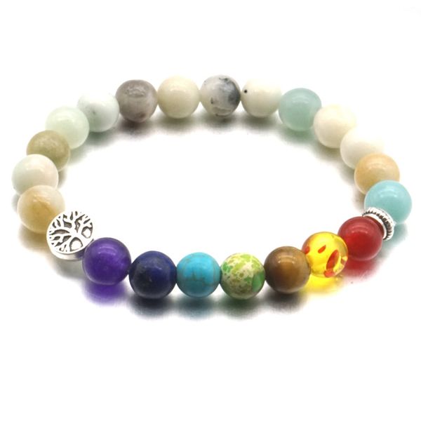 ￁rvore da vida 8mm Sete Chakras Amazon Stone Stone Breads Elastic Bracelet Pray Mished Strings J￳ias