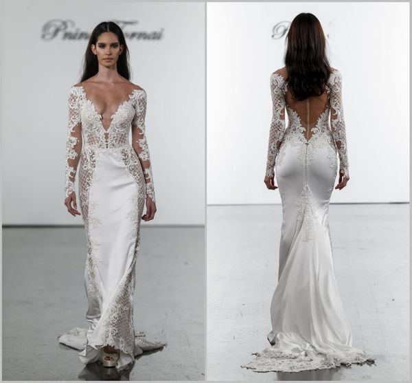 2019 Pnina Tornai Meerjungfrau Brautkleider V-Ausschnitt Spitze Brautkleider Plus Size Lange Ärmel Brautkleid Custom