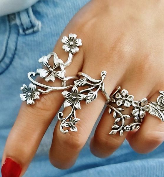 

explosion style fashion personality retro national style ancient silver hollow carved 4 piece set leaves flower set big ring, Golden;silver