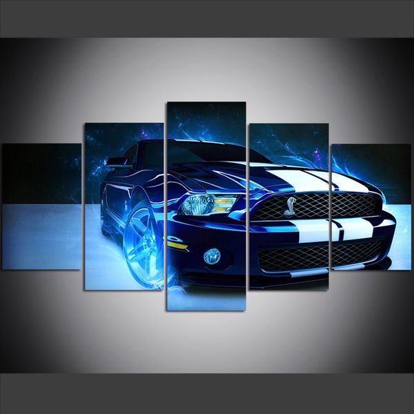 

5 piece large size canvas wall art pictures creative blue shelby mustang car art print oil painting for living room