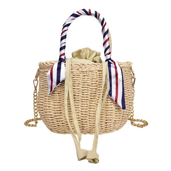 

women's beach handbag straw shoulder bag with handles and silk ribbon bucket fringe weave shoulder bag beach (light color