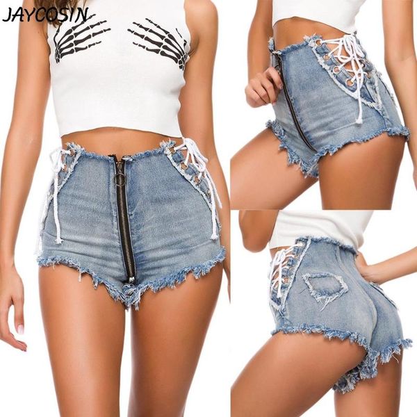 

jaycosin women's bandage cut off high waist zipper lace up denim jeans shorts mini pants bottom casual denim women shorts, Blue