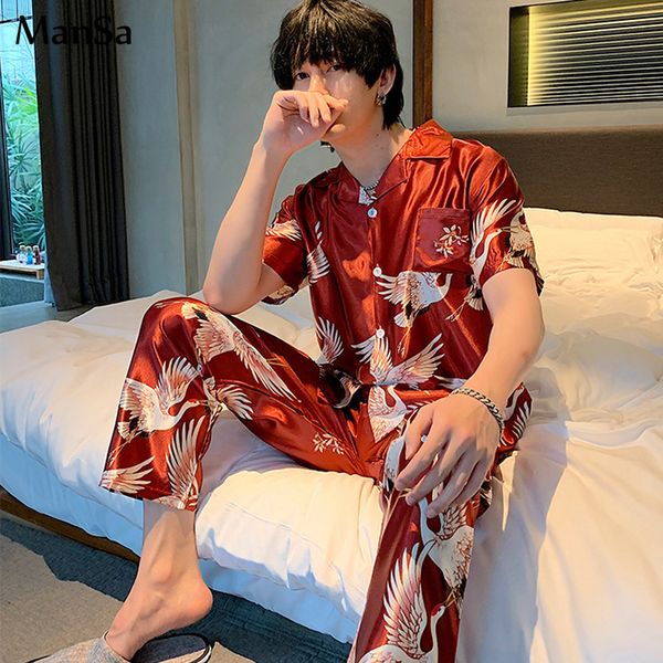 

summer vintage print men's pajamas set leisure elastic waist men sleepwear silk short sleeve nightwear + long pants homewear, Black;brown