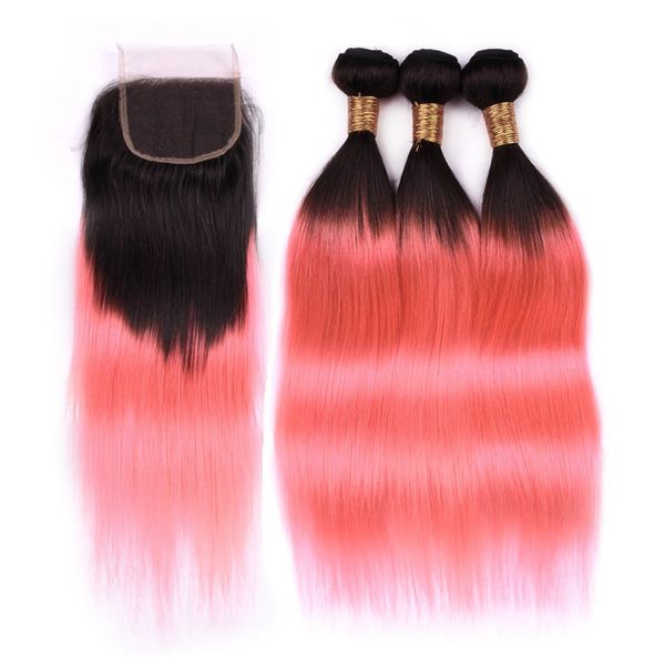 # 1B / Rosa Ombre Pacotes cabelo humano brasileiro com fechamento reta Raízes Ombre Rose Gold Weaves escuras 3Bundles com 4x4 dianteira do laço de Encerramento