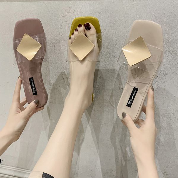 

square heel shoes for girls ladies' slippers rivet slipers women slides low transparent heel block lady soft summer 2020, Black