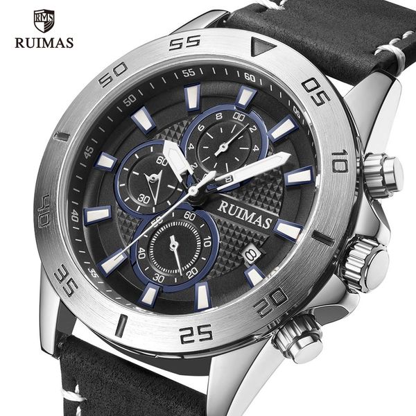 

ruimas casual watches men luxury black leather strap wristwatch military sports chronograph quartz watch man relogios clock 572, Slivery;brown