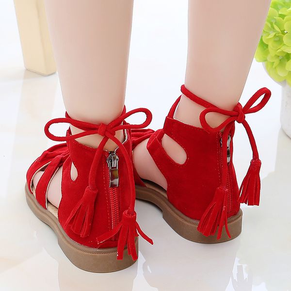 

girls vintage sandals new summer kids shoes girls rome flock tassel zip lace up princess rubber beach sandals women flat shoes t200427, Black;red