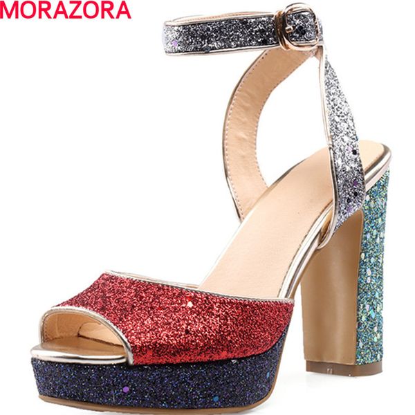 

morazora glitter platform shoes buckle summer high heels sandals women shoes fashion party shoes big size 34-46, Black