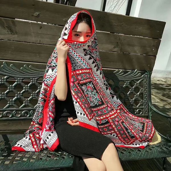 

winter autumn fashion soft lady travel ethnic style printing long shawl women red scarf with tassel