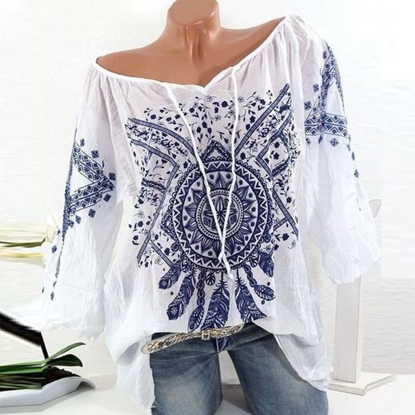 

designer women blouses summer floral print women blouse summer plus size long sleeve shirt printed feminina and blouses ghc, White
