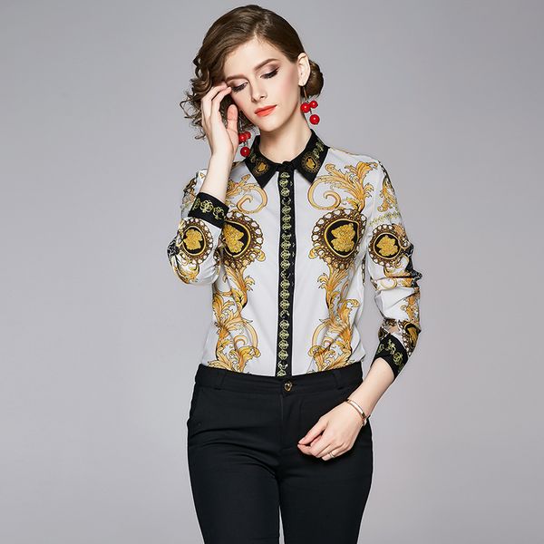 

vintage baroque print runway shirts women fashion long sleeve lapel neck ladies designer shirt blouses elegant office button shirts, White