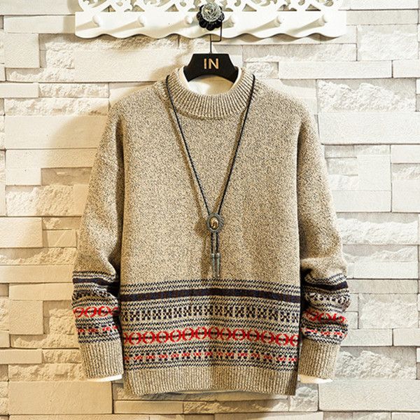 

mens winter thick sweater warm fashion retro print casual knit sweater men wild loose long sleeve pullover, White;black