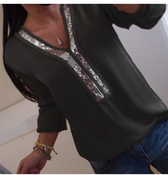 

womens designer panelled blouses spring sequins loose ladies tshirts long sleeve pure color v neck womens, White