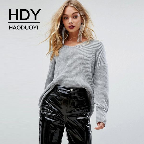 

hdy haoduoyi autumn fashion trend personality simple casual loose solid soft warm back hollow slit long sleeve v-neck sweater, White;black