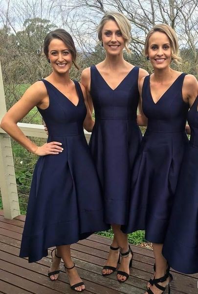 

fashion navy blue bridesmaid dresses satin high low custom made v-neck simple maid of honor dresses evening party gowns formal prom dresses, White;pink