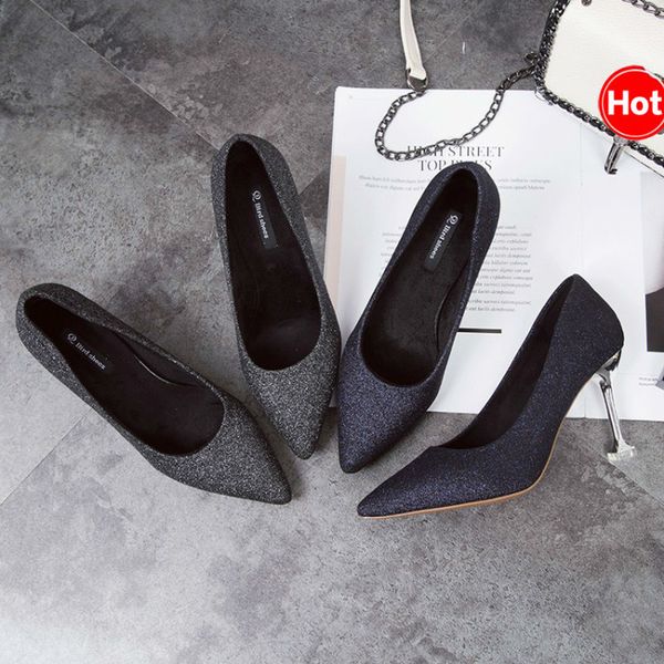 

fashion women high heels pointed toe shallow concise bling dress shoes female pumps wedding high-heeled footwear y22-35, Black