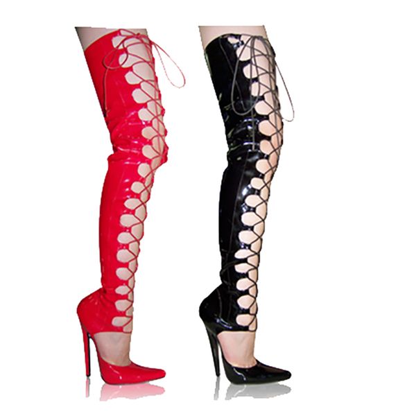 

thigh long boots 16cm high heels women shoes patent leather over knee fenty beauty boots lace up ladies shoes big size 45, Black