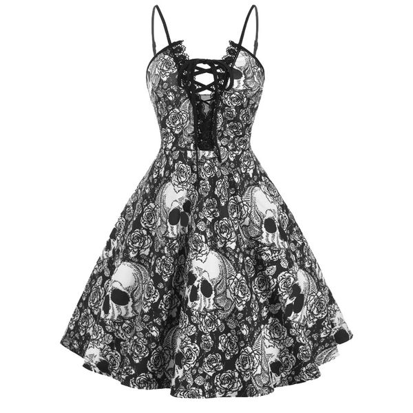 

retro vintage style sleeveless skull floral printed 2019 autumn bandage women dress sleeveless plus size party casual dress, Black;gray