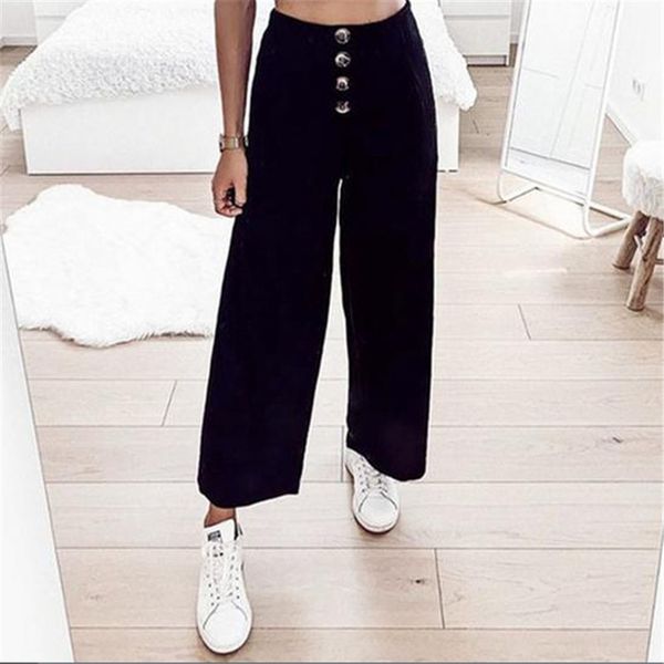 

2019 fashion womens button high waist wide leg long pants ladies casual culottes trousers loose baggy pants new clothing buttoms, Black;white