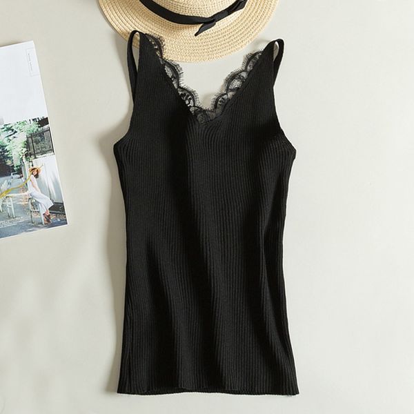

lace knitted v-neck tank vest solid club women black beige t shirt female cotton polyester tank top, White