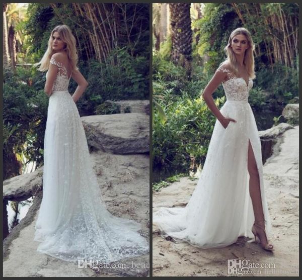 

2019 country limor rosen a-line lace wedding dresses illusion bodice jewel court train vintage garden beach boho wedding party bridal gowns, White