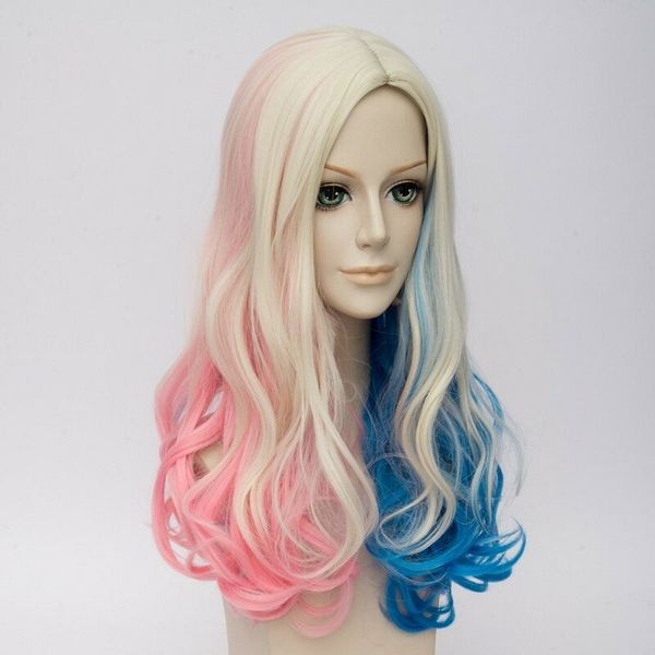 Long Curly Blonde Pink Blue Mixed Harley Quinn Synthetic Wig