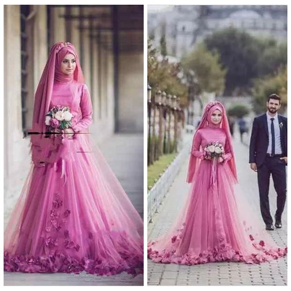 

graceful pink muslim hijab wedding dresses high neck long sleeve lace appliques bridal dresses elegant wedding gowns vestido de noiva, White