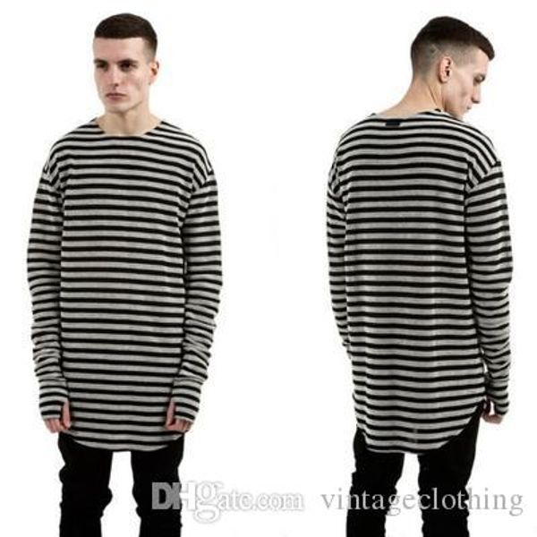 

mens new trends basic cotton t-shirts spring autumn striped casual longlines sleeve t-shirts long plain tee shirt kanye street wear, White;black
