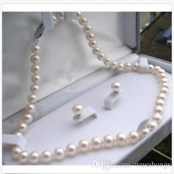 

7-8mm реальный натуральный белый akoya культивированный жемчуг ожерелье серьги комплект ювелирных изделий 18, Silver