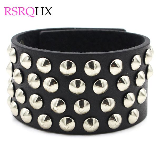 

punk rivet leather bangles wrap bracelet men boys big statement exaggerated hip hop jewelry snap botton jewelry boyfriend gifts, Black