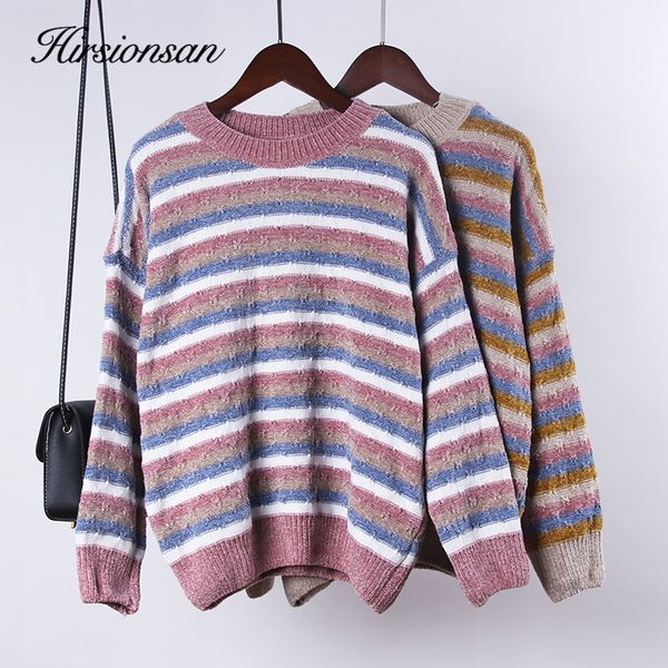 

women's sweaters hirsionsan chenille patchwork color loose soft women o neck sweater autumn winter pink khaki streetwear jumper knitted, White;black