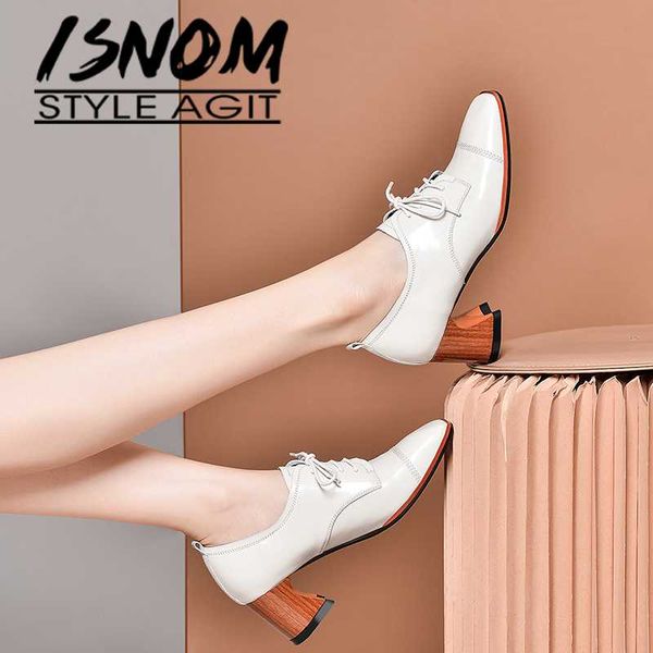 

isnom lace up square toe pumps hoof heels thick casual shoes for women patent leather fashion wood heels 2020, Black
