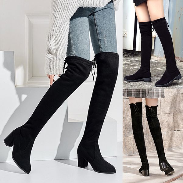 

size 34-40 winter over the knee boots women stretch fabric thigh high woman shoes long bota feminina zapatos de mujer, Black