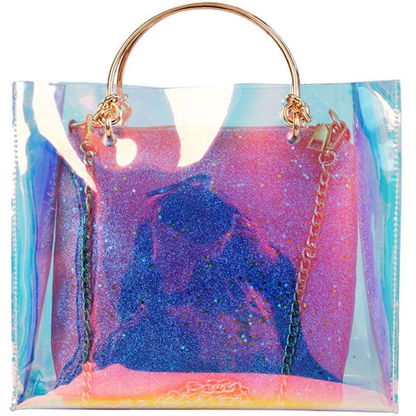 

laser transparent jelly bag 2019 fashion new quality pu leather women's designer handbag metal tote chain shoulder messenger bag