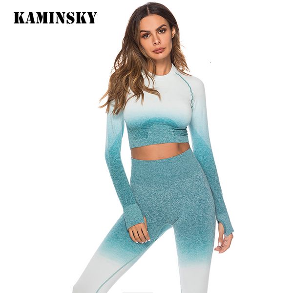 

kaminsky fashion fitness leggings ombre seamless crop for women two piece set sportswear sweatshirt tracksuit women sets y190923, Black;white