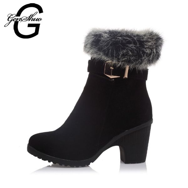 

genshuo fashion winter women shoes ankle boots flock leather short plush faux fur cuff thick heel ladies boots big size 43, Black