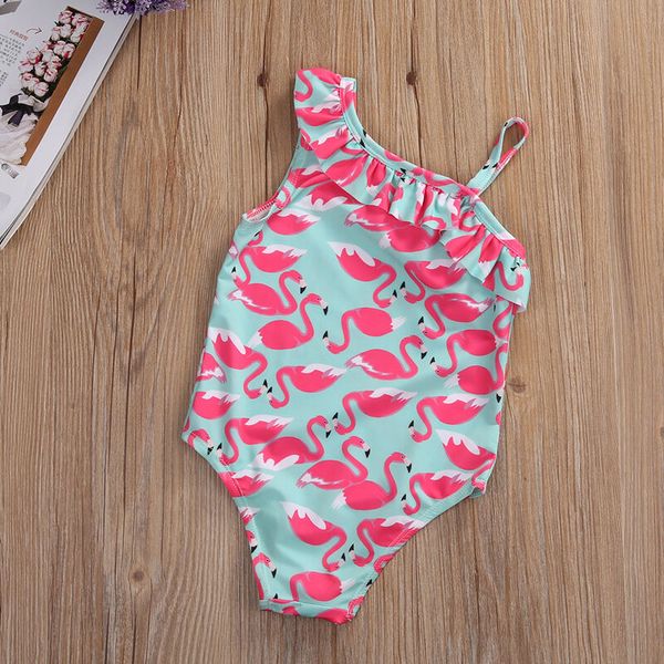 

1-6y summer children kids swimwear girls swan print one pieces swimsuit ruffle beach pool swimwear bathing suit monkini, White