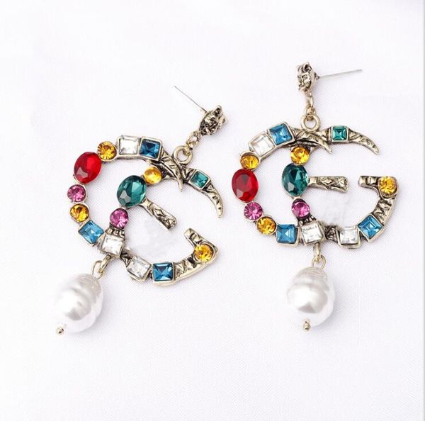 

famous designer earrings with crystal pearl big long earrings jewelry for women red green white yellow colorful stone gift, Silver
