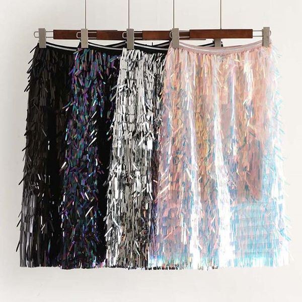 

bella philosophy 2019 new spring sequins skirts fashion beading knee-length empire club valentines skirts, Black